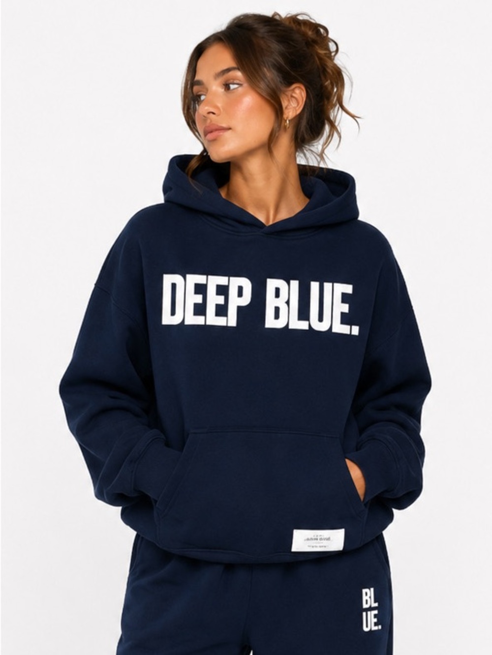 Women’s Crewneck Hoodie Sweatshirt in Navy with 'DEEP BLUE.' Graphic